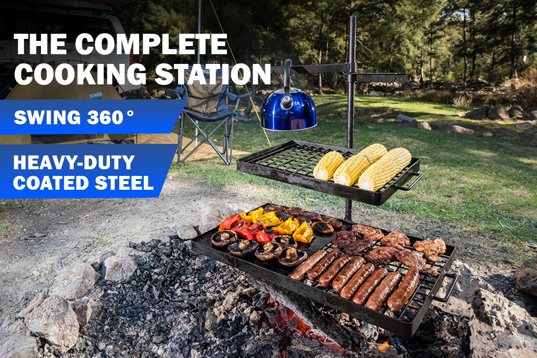 Kings Campfire Cooking BBQ Swinging Hotplate and Grill Combo Centre
